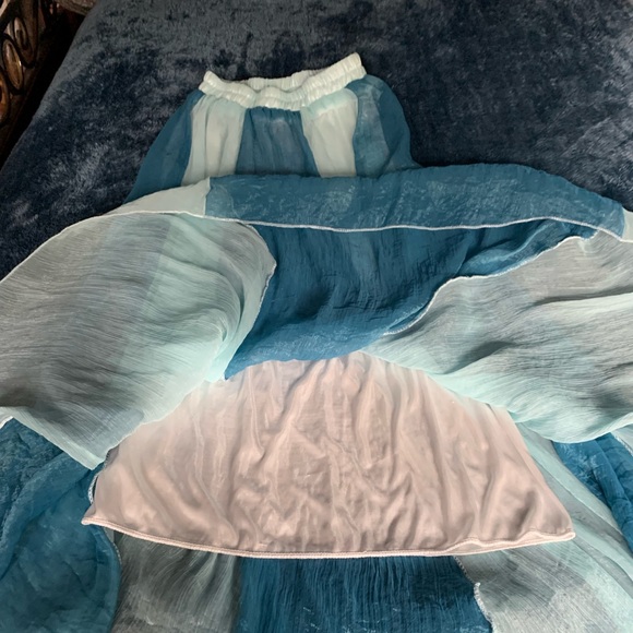 Elastic waist sheer polyester bicolored blue and light blue striped skirt lined - Picture 3 of 6